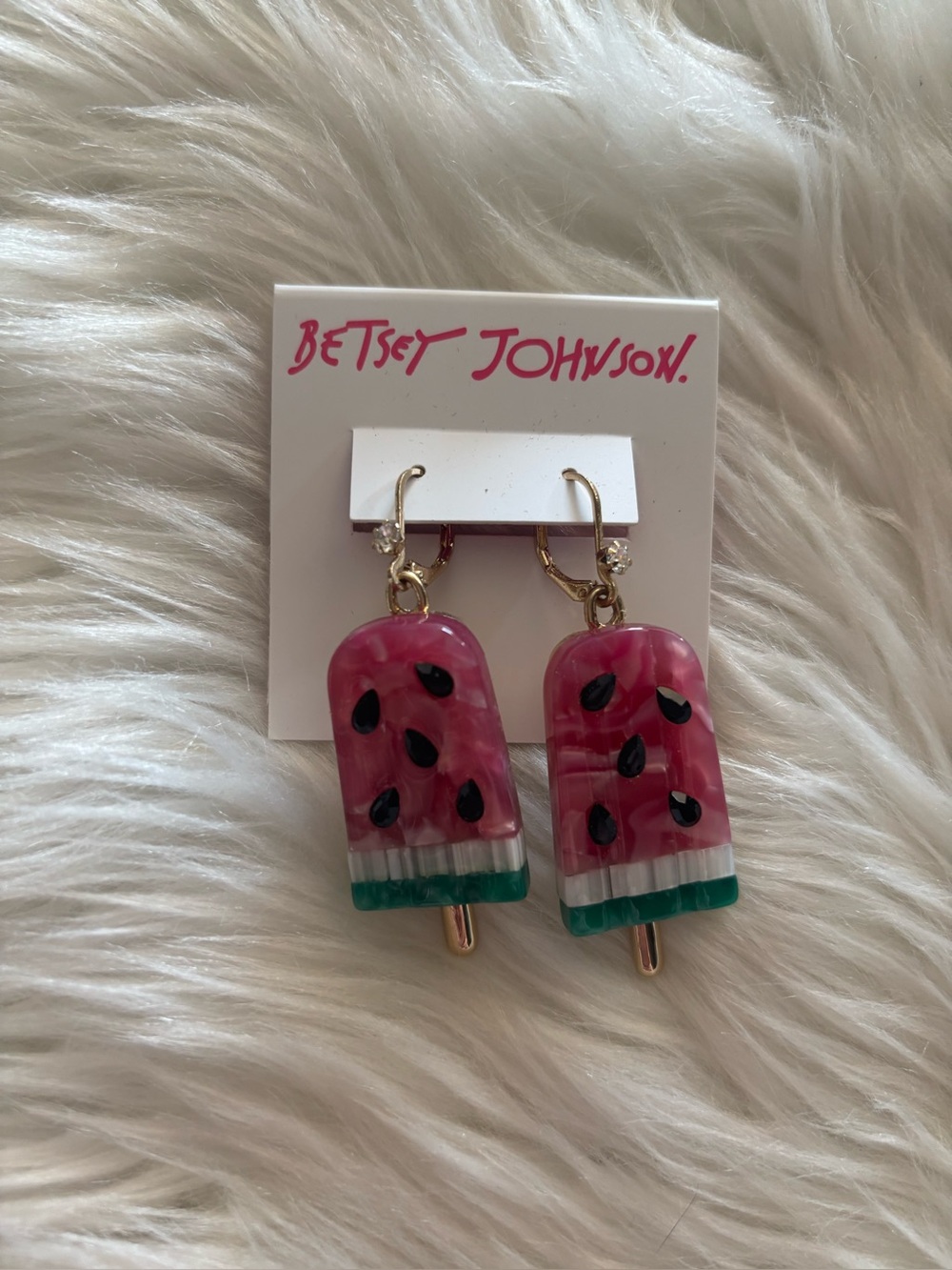 Betsey Johnson Pink Watermelon Popsicle Drop Earrings with Green Accents